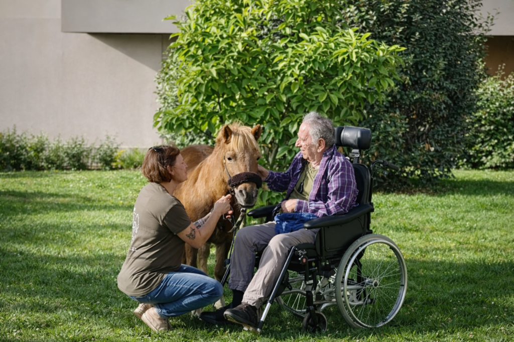 Séance de médiation animale avec Noisette auprès d’une personne âgée en EHPAD